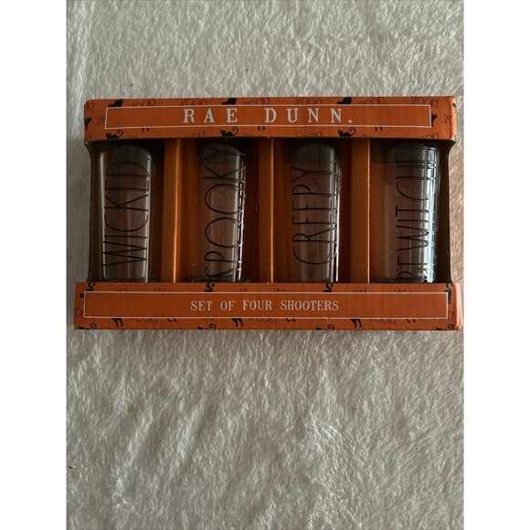 Rae Dunn Halloween 4 Shot Glasses 2oz Shooters Wicked Spooky 4" Tall Bar Glass - Picture 1 of 3
